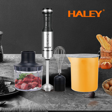 Blender de Mână Electric HALEY 4-in-1, 1200W, Oțel Inoxidabil, 2 Viteze + Accesorii – Tocător, Tel, Pahar, Multifuncțional pentru Bucătărie