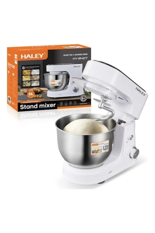 Mixer Profesional HALEY, 1200W, Bol 6L Inox, 6 Viteze + Pulse, Alb/Inox, Silentios, Protectie Intrer