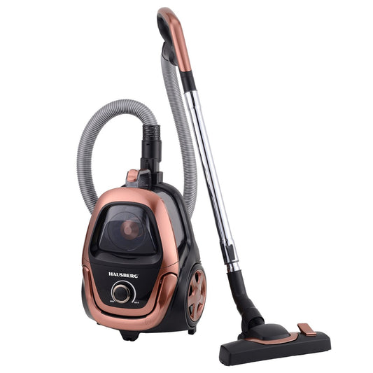 Aspirator fara sac HAUSBERG HB-2823AU, 1400-1800W, multiciclon, aspirare uscata, capacitate 2.5 litri, filtru HEPA, control viteza, derulator automat cablu, Auriu-Negru