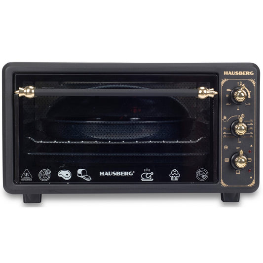 Cuptor electric Rustic HAUSBERG HB-8001RST, 1400W, 48l, Timer mecanic, Termostat reglabil, 4 nivele de inaltime a tavii, usa din sticla rezistenta la temperature ridicate, panou mecanic, Negru-Auriu