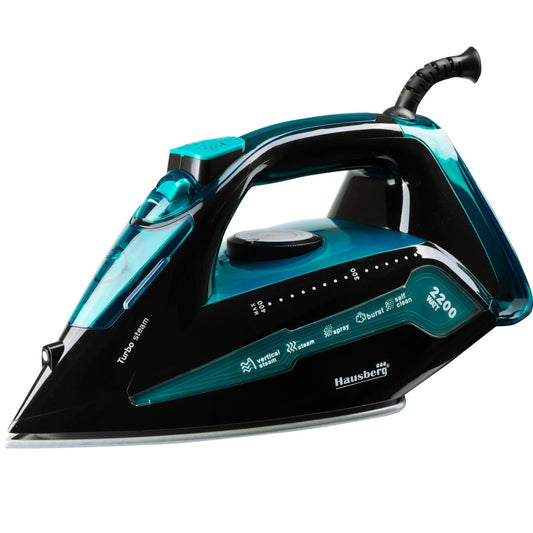 Fier de calcat Hausberg HB-7898NG, talpa ceramica, jet de abur 18g/min, Functie spray 2000-2300W, Negru/Albastru
