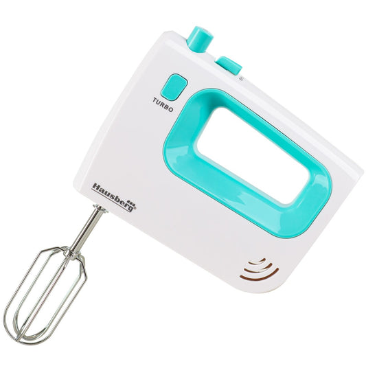Mixer de mana Hausberg HB-4120BL, 300W ,5 viteze, Functie Turbo, Teluri si carlige metalice, Bleu/Alb