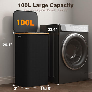 Coș de Rufe 100L cu Capac, Sac Interior Detașabil și Mânere din Bambus – Negru