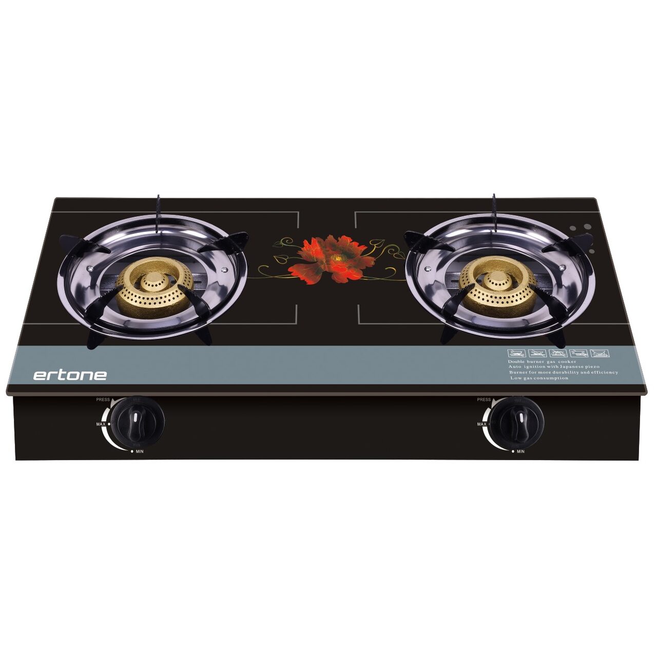 Aragaz ERTONE MN-1102 din sticla securizata, 2 Arzatoare din fonta, aprindere pe quartz, negru