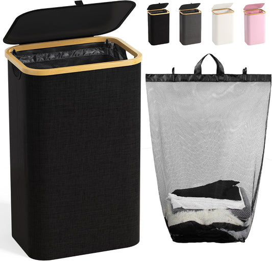 Coș de Rufe 100L cu Capac, Sac Interior Detașabil și Mânere din Bambus – Negru
