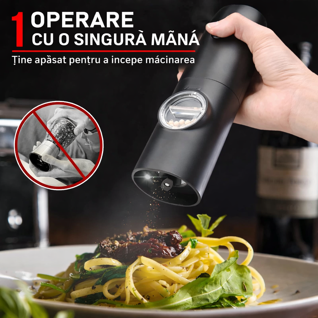 Set 2 Râșnițe Electrice pentru Sare și Piper, Funcționare pe Baterii, Granulație Reglabilă, LED