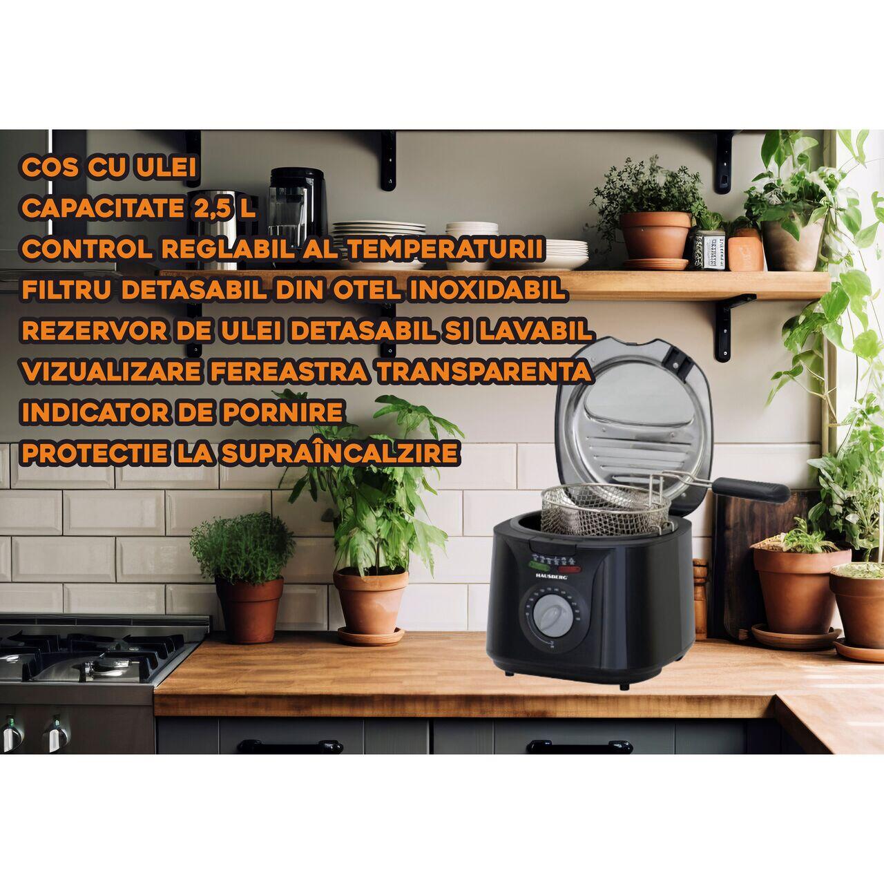 Friteuza HAUSBERG HB-1331NG, 1450 W, 2.5 litri, termostat reglabil 0 - 190 grade C, filtru detasabil din otel inoxidabil, cos cu ulei, protectie supraincalzire, picioare antiderapante, Negru