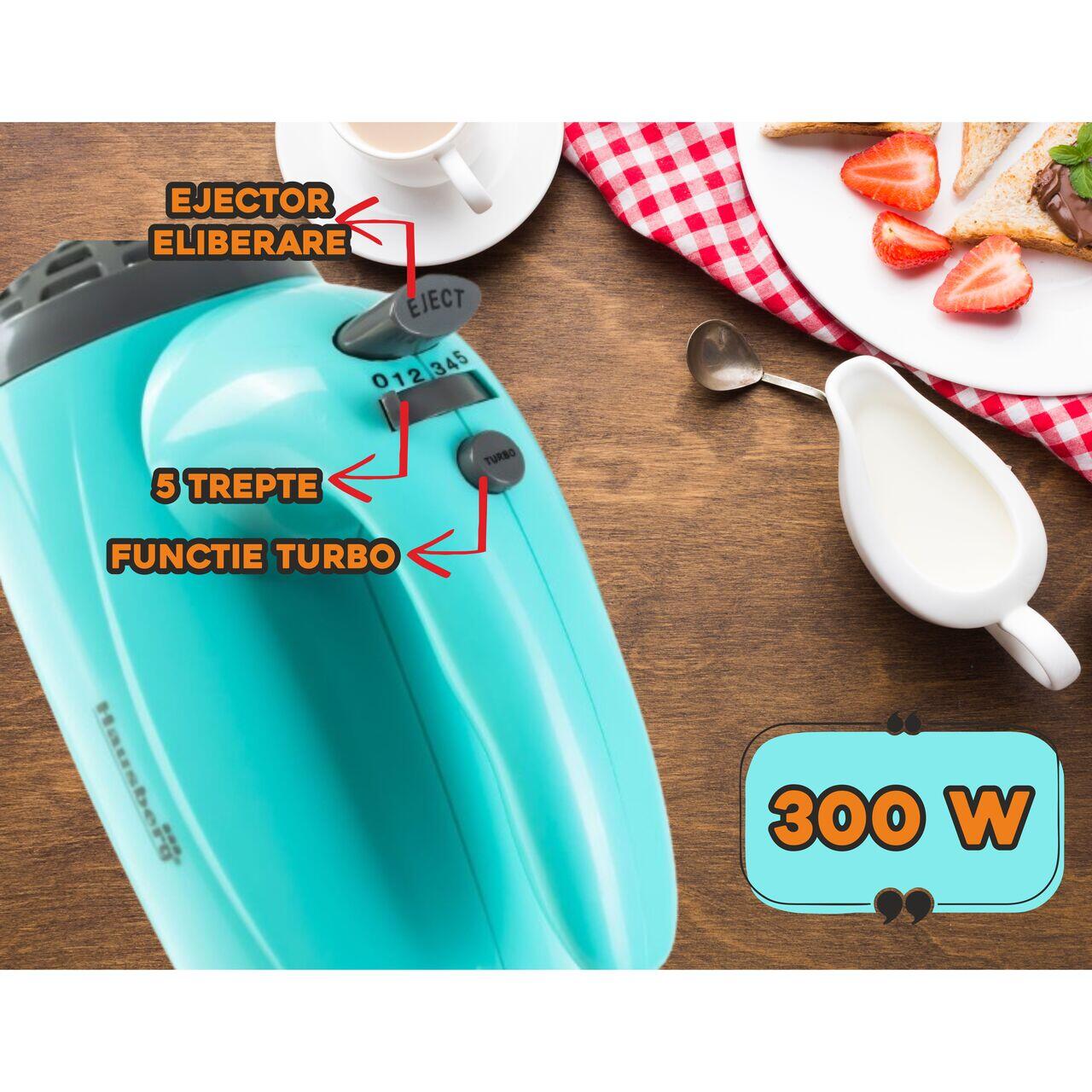 Mixer de mana Hausberg HB-4119BL, 5 viteze, putere 300W, motor de cupru, Bleu