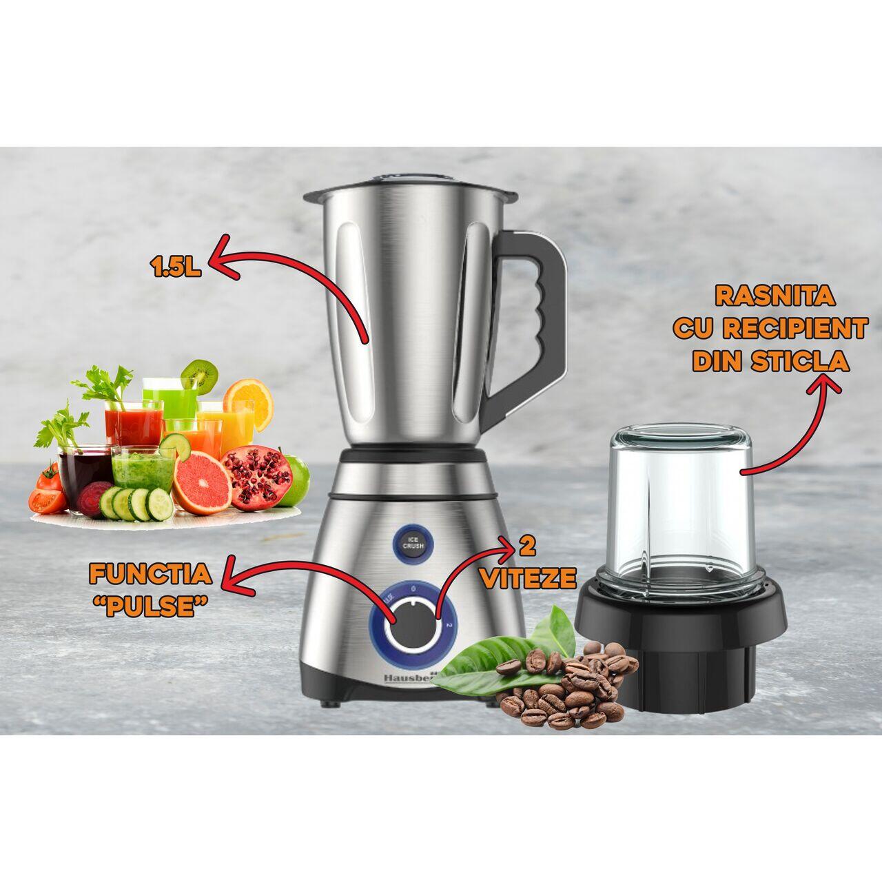 Blender cu rasnita, Hausberg HB-7763, 600 W, recipient din inox 1.5 L, doua viteze cu pulsatii