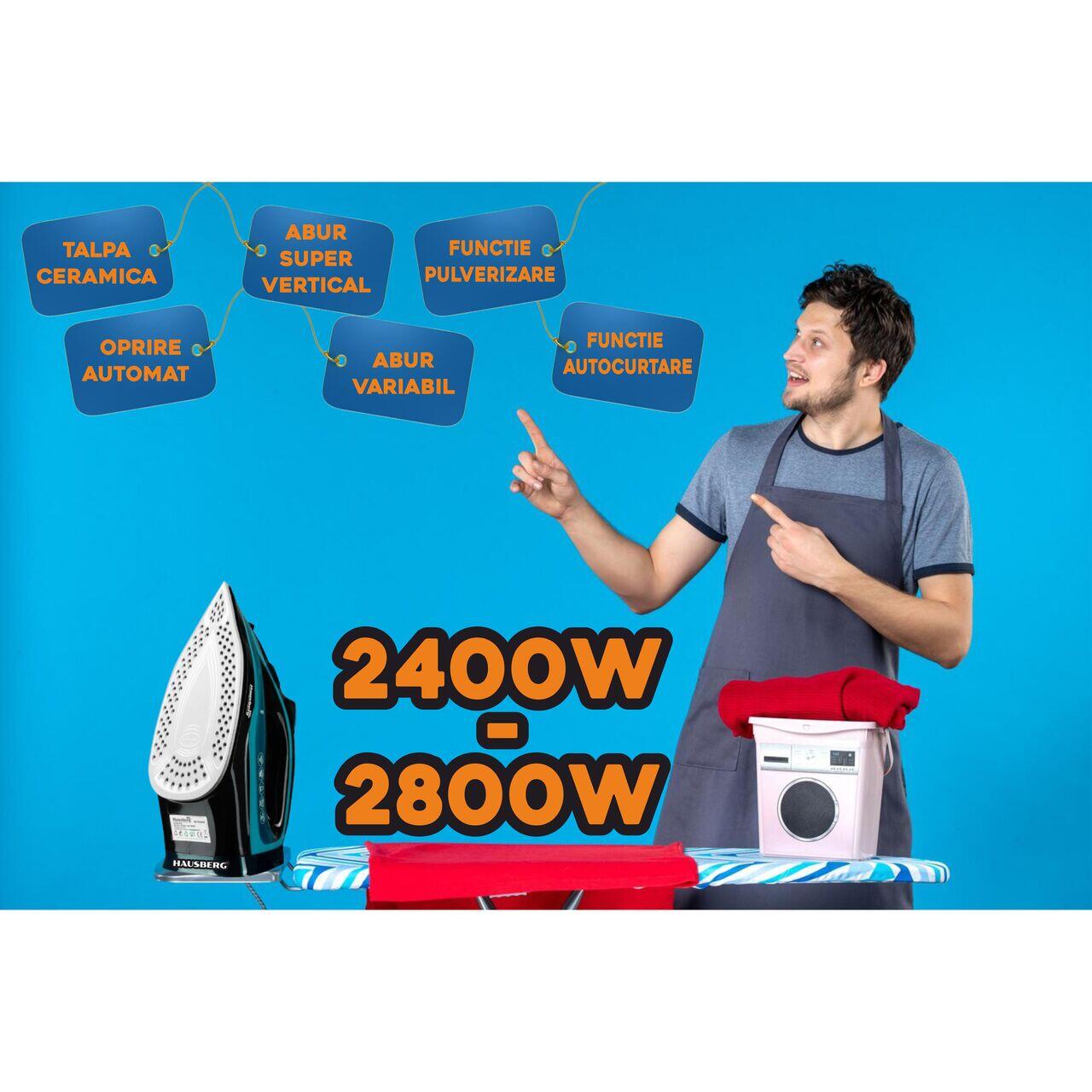 Fier de Calcat Hausberg HB-7840VR, Ceramic, autocuratare, anticalcar, 300ml, 2400-2800W, Negru/Verde