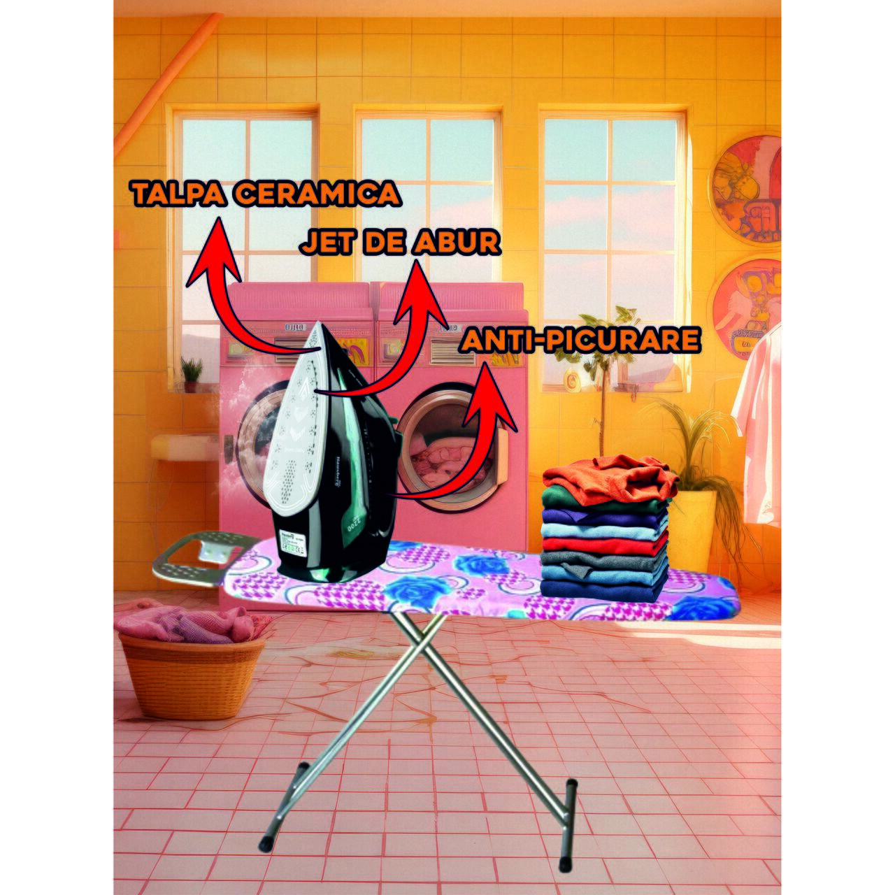 Fier de calcat Hausberg HB-7898NG, talpa ceramica, jet de abur 18g/min, Functie spray 2000-2300W, Negru/Albastru