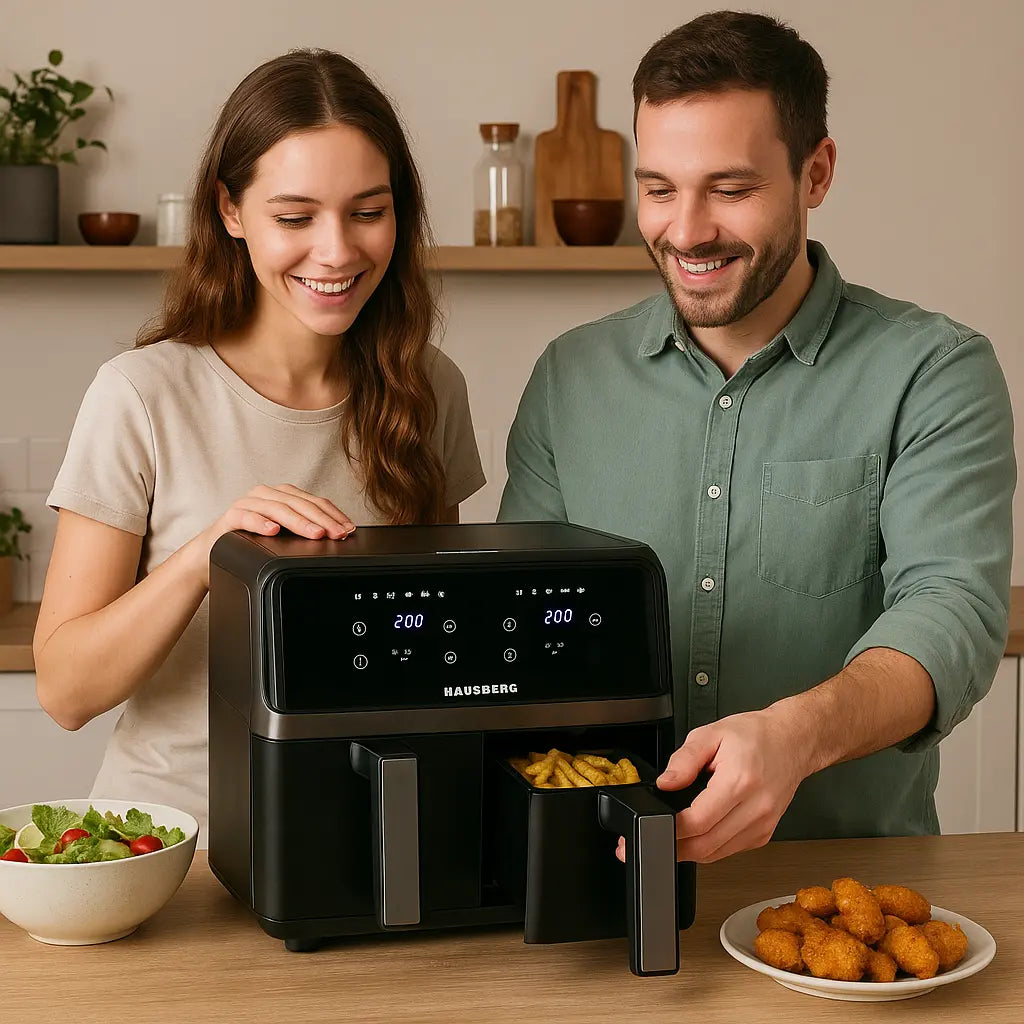 Friteuza dubla cu aer cald HAUSBERG HB-2373NG, 2200-2400W, capacitate 8.4L, termostat reglabil cu afisaj LED, control digital individual, 14 programe prestabilite, temporizator 60 min, ventilator de racire, Negru