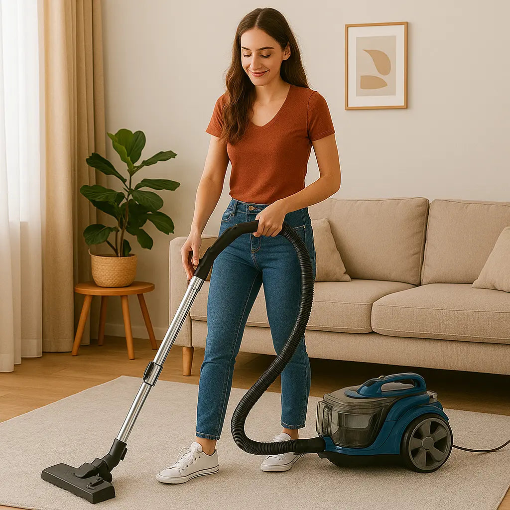 Aspirator fara sac HAUSBERG HB-2821BL, 1200-1800W, multiciclon, aspirare uscata, capacitate 3 litri, filtru HEPA, control viteza, derulator automat cablu, Bleu-Negru