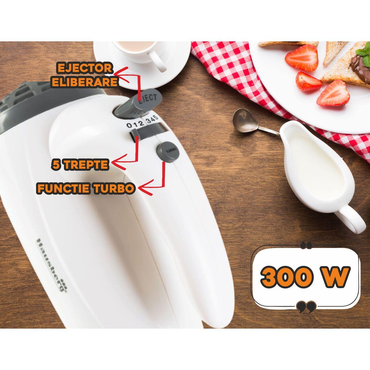 Mixer de mana Hausberg HB-4119AB, 5 viteze, putere 300W, motor de cupru, Alb