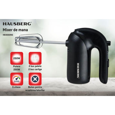 Mixer de mana HAUSBERG HB-4215NG, 250W, 5 viteze, Nivel zgomot 85 dB, Accesorii incluse, Negru