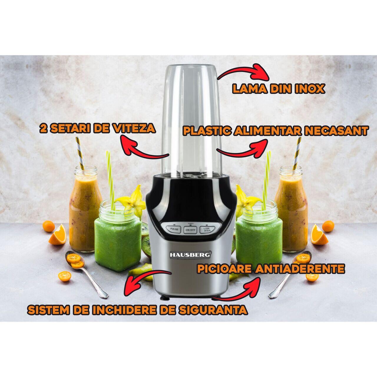 Blender 2 in 1 , putere 1000W, Hausberg HB7705NG, Nutrition Extractor,8 piese, Negru