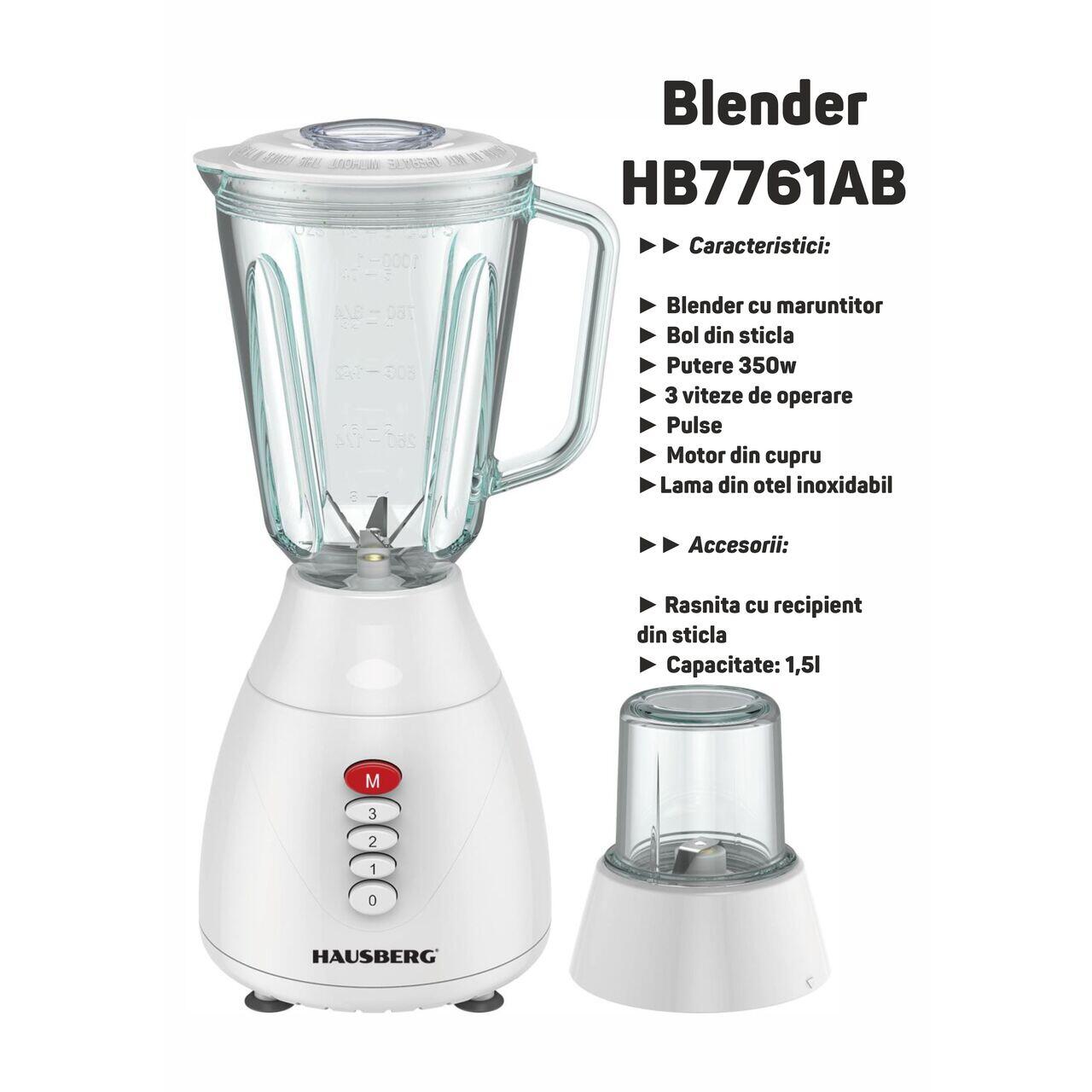 Blender HAUSBERG HB-7760AB, 350W, 1.5L, 3 trepte viteza, functie Pulse, zdrobire gheata, 4 lame detasabile, Alb