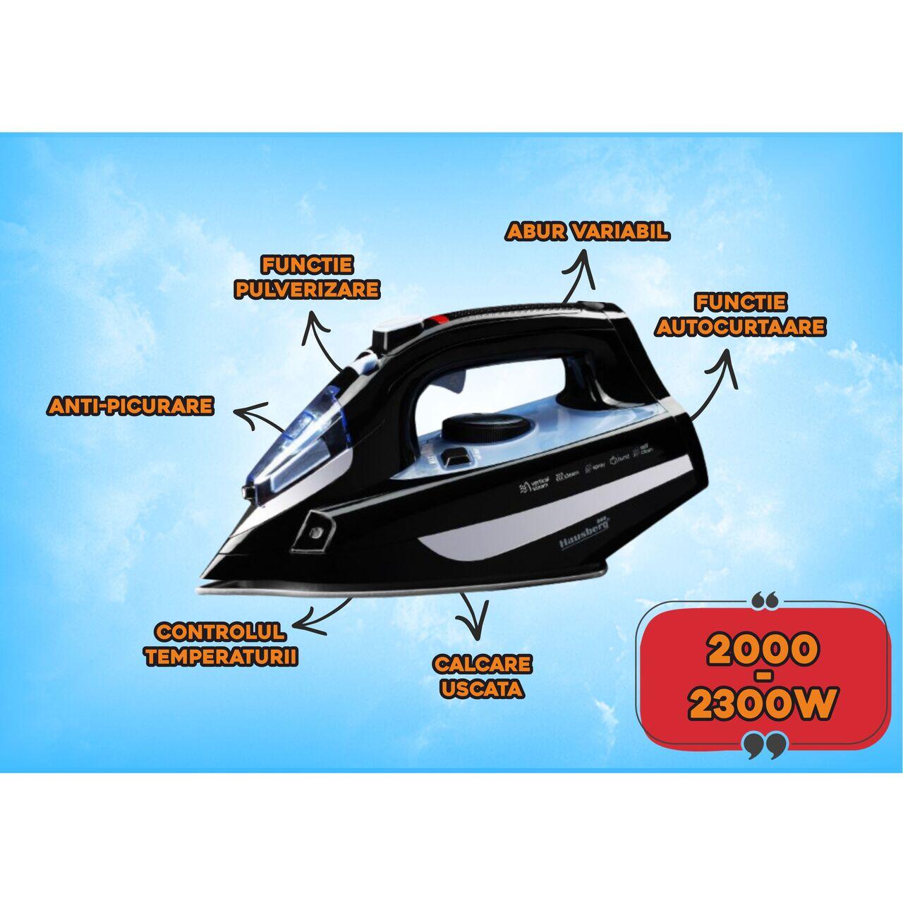 Fier de Calcat Hausberg HB-7842BL, 2300W, Ceramic, Autocuratare, Pulverizare, Antipicurare, 300ml, Negru/Albastru