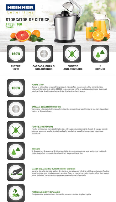 Storcator de citrice HEINNER C160SS, 160W (Oţel inoxidabil)