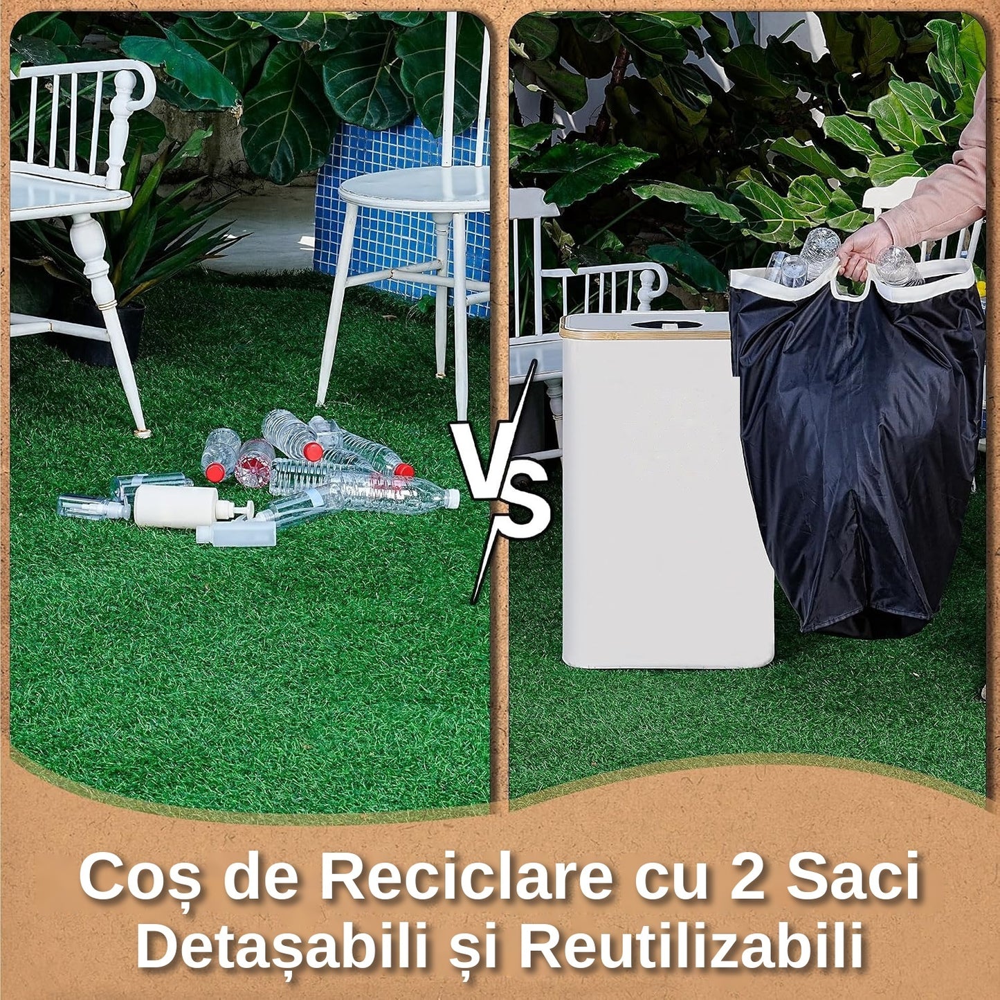 Cos multifunctional 100L pentru reciclare sticle PET si depozitare rufe, cadru elegant din bambus, sac textil detasabil, ideal pentru baie, bucatarie sau balcon