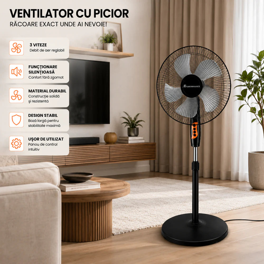 At Performance Vezi toate produsele Ventilator cu Picior AT PERFORMANCE® AT-2054, 65W, 16 Inch, 3 Viteze, Oscilație Automată, Înălțime Reglabilă