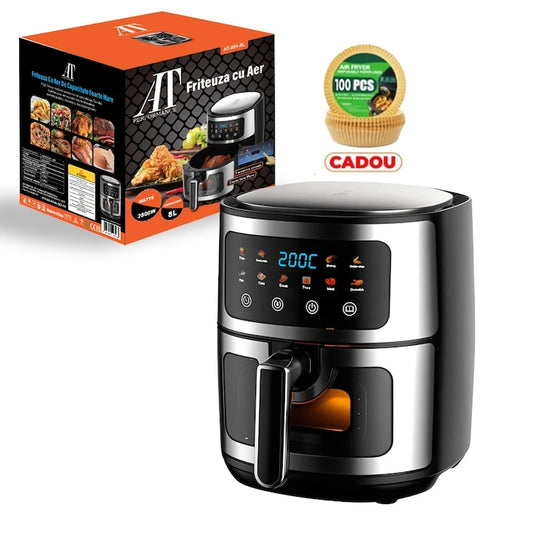 Friteuza cu Aer Cald AT PERFORMANCE® 8L, 10 Programe Smart, 1400W, Panou Tactil, Circulatie 3D Aer Fierbinte, Teflon Non-Stick + 50 Bucati Hartie de Copt
