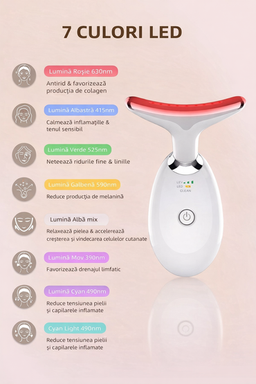 Aparat Cosmetic pentru Fata si Gat cu LED 7 Culori si EMS – Masaj Lifting & Ingrijire pentru Fermitatea Pielii