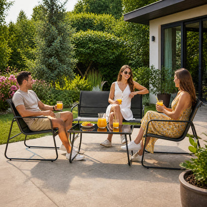 Set Mobilier Grădină AT PERFORMANCE® 4 Piese – Canapea, 2 Fotolii, Măsuță, Cadru Metalic