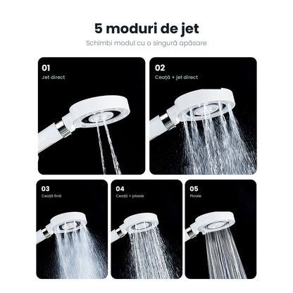 Pară de duș de mână cu presiune mărită, 5 moduri de jet și filtru inclus