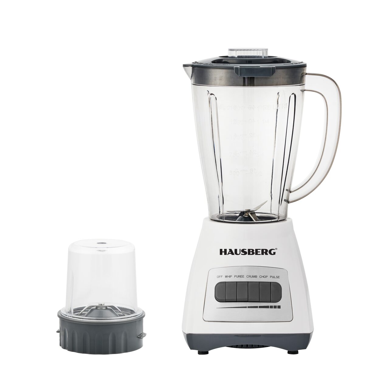 Blender cu rasnita HAUSBERG HB-7770AB, 500 W, 4 trepte de viteza, vas din plastic gradat de 1.5 litri, functie Pulse, lame din otel inoxidabil, sistem de siguranta, alb