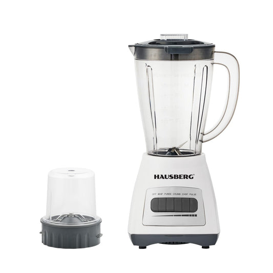 Blender cu rasnita HAUSBERG HB-7770AB, 500 W, 4 trepte de viteza, vas din plastic gradat de 1.5 litri, functie Pulse, lame din otel inoxidabil, sistem de siguranta, alb