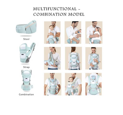 Marsupiu bebe, Ergonomic, AT PERFORMANCE®, Multifunctional, Purtare copil in fata sau in spate, Cu sezut, purtare pe sold sau pe umeri, 0-36 luni, Bumbac, 12 Pozitii, albastru deschis