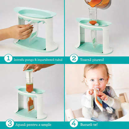 Set Statie de Umplere pentru Piure Bebelusi, 5 Pungi Reutilizabile, Fara BPA, Antiderapanta, Preparare Simplificata