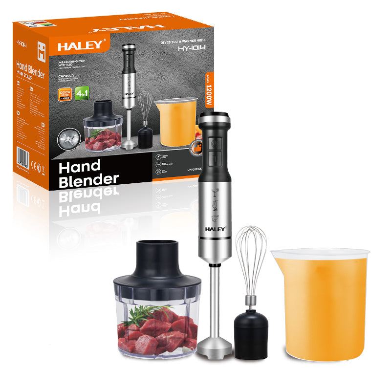 Blender de Mână Electric HALEY 4-in-1, 1200W, Oțel Inoxidabil, 2 Viteze + Accesorii – Tocător, Tel, Pahar, Multifuncțional pentru Bucătărie