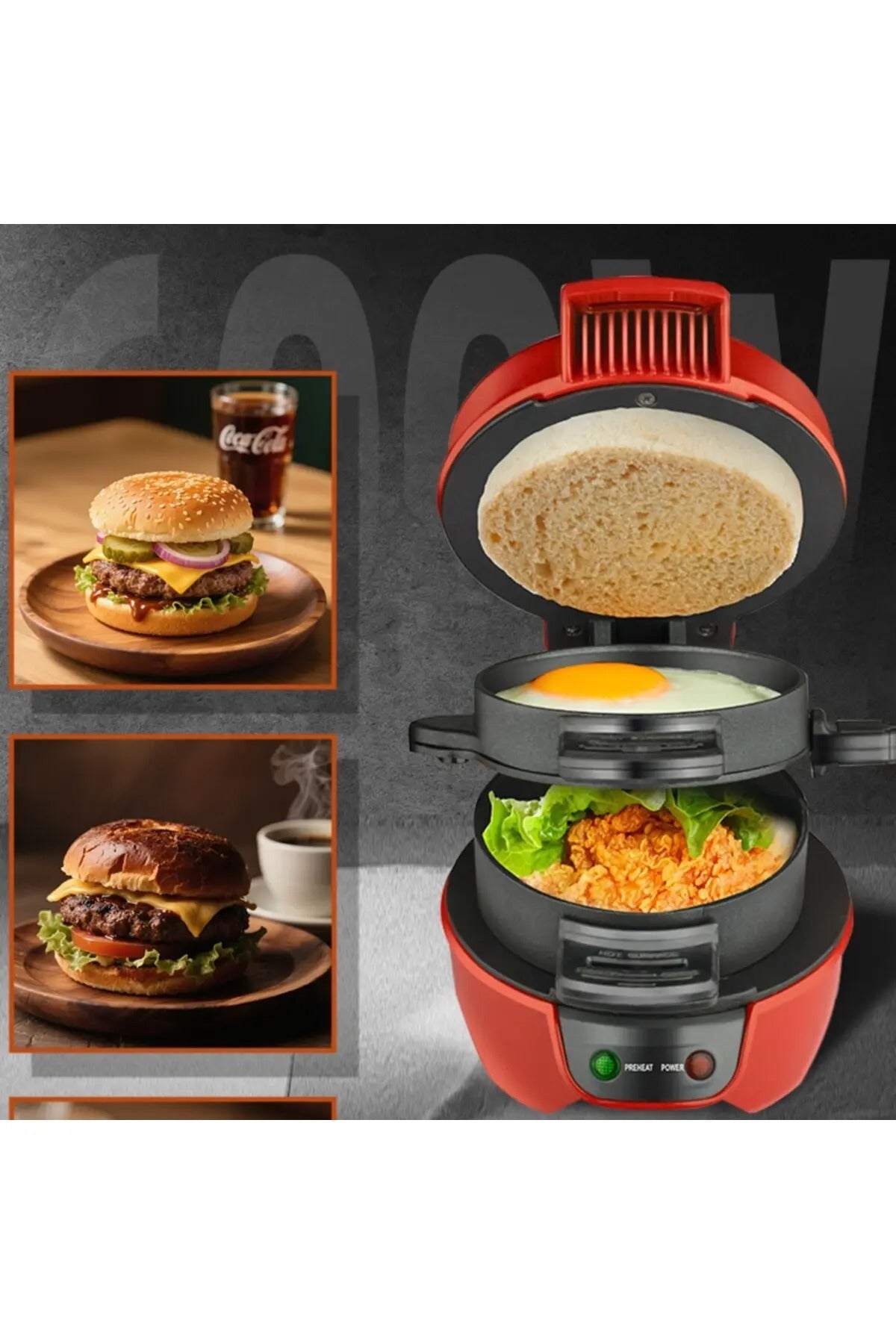 Aparat burger, 600W - mic dejun rapid, farfurii antiaderente, incalzire uniforma, deschidere la 180°