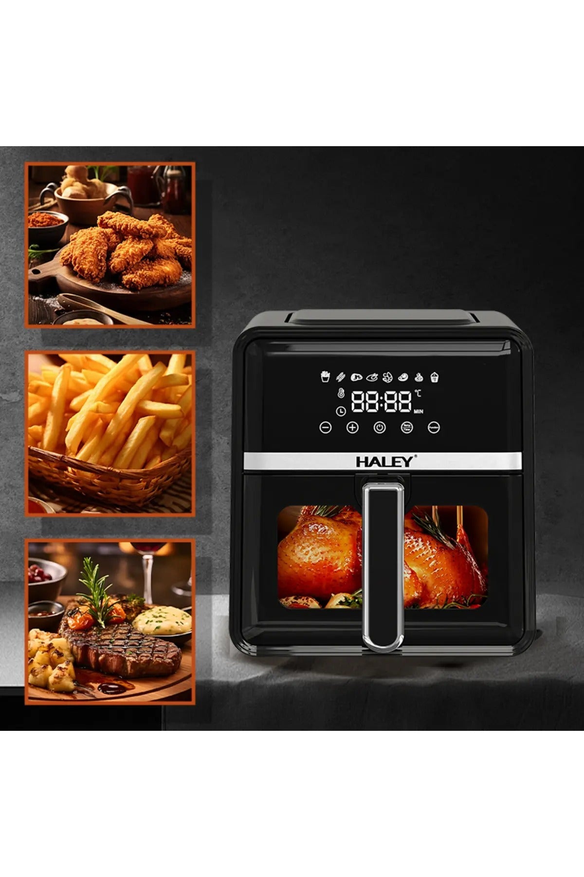 Friteuza cu aer cald 7L, 2000W - gatire la 360°, ecran tactil holografic, sticla de vizualizare la 180°