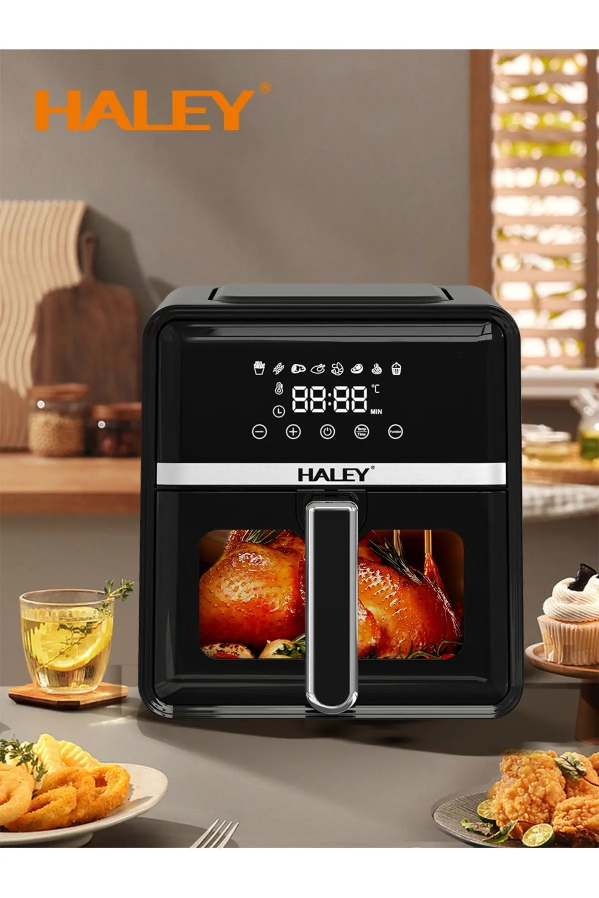 Friteuza cu aer cald 7L, 2000W - gatire la 360°, ecran tactil holografic, sticla de vizualizare la 180°