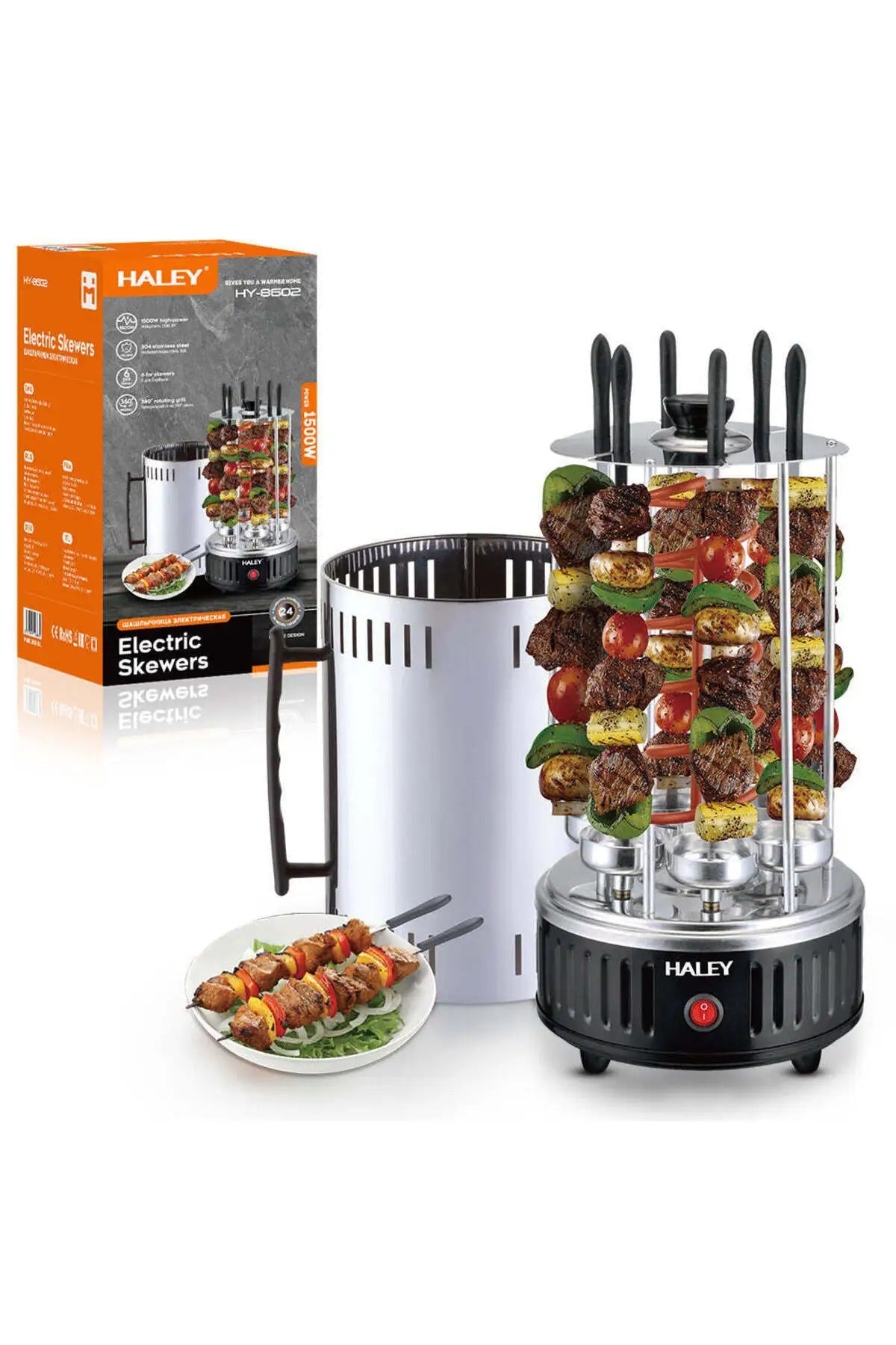 Gratar electric vertical HALEY - 1500W, 6 tije, frigarui rotative la 360°, gatire uniforma, HY-8602