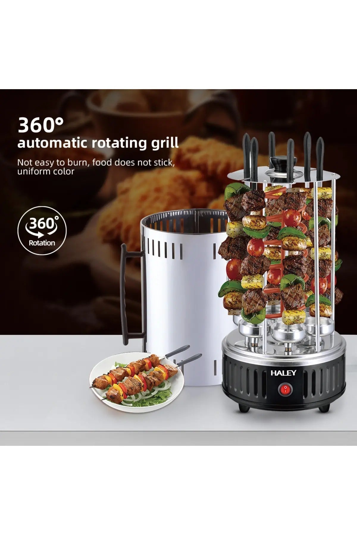 Gratar electric vertical HALEY - 1500W, 6 tije, frigarui rotative la 360°, gatire uniforma, HY-8602