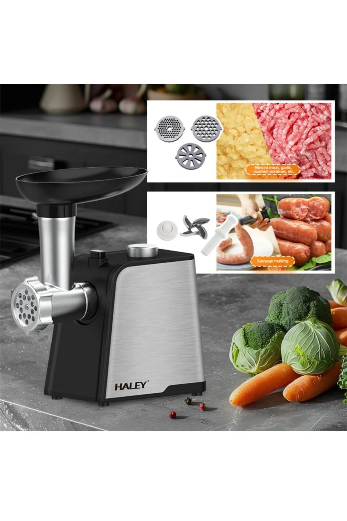 Masina de tocat carne 2000W, otel inoxidabil, taietor cu cuplu mare, usor de curatat