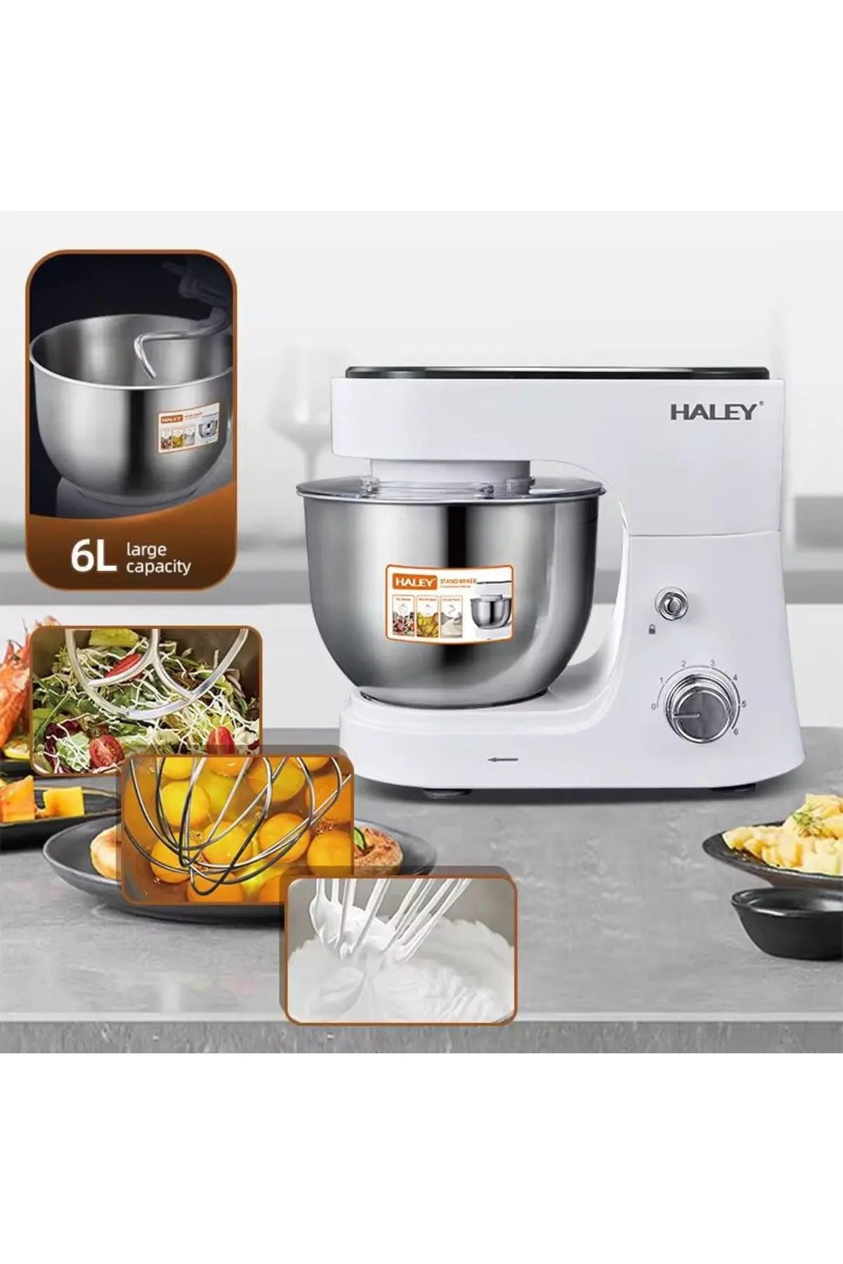 Mixer cu bol HY-2407, 6L, 1200W, 6 viteze, functie puls, otel inoxidabil, accesorii incluse