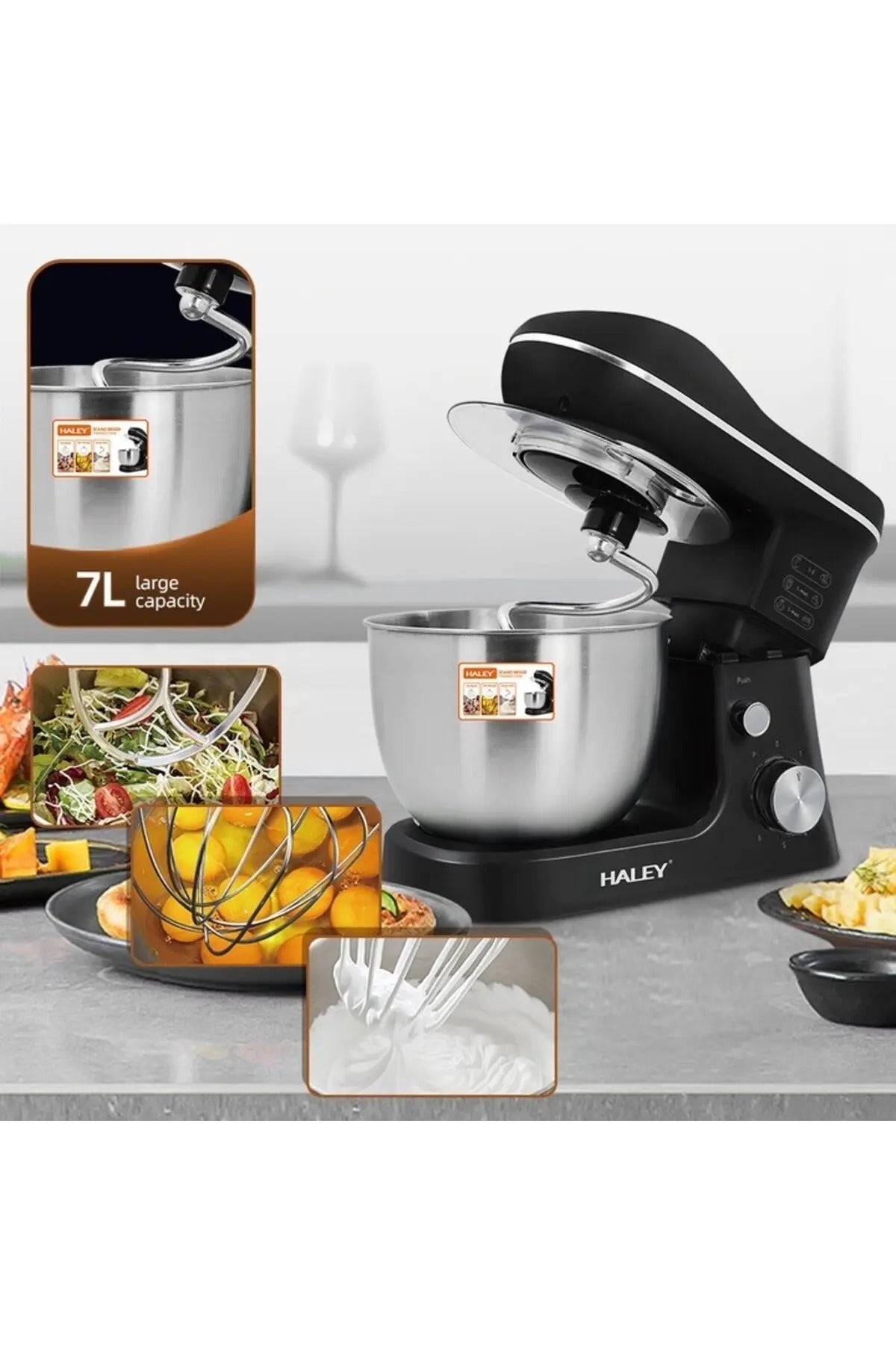 Mixer de inalta performanta HY-2409: putere 1200 W, bol din otel inoxidabil de 7 l, 6 niveluri de viteza si puls