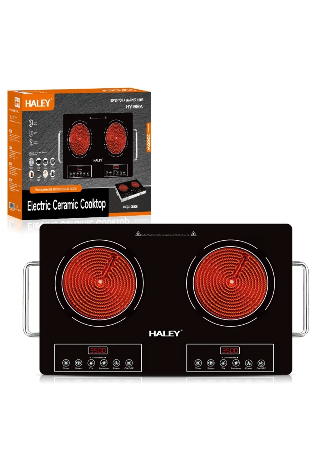 Plita Ceramica HALEY, 2 Ochiuri - 3500W, Geam Cristal Negru, Timer, Control Tactil