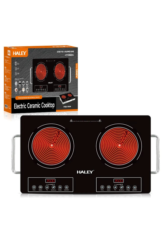 Plita Ceramica HALEY, 2 Ochiuri - 3500W, Geam Cristal Negru, Timer, Control Tactil