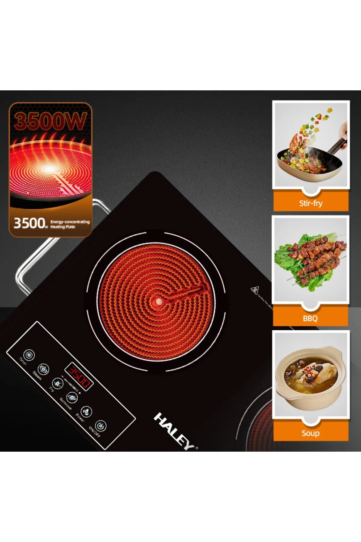 Plita Ceramica HALEY, 2 Ochiuri - 3500W, Geam Cristal Negru, Timer, Control Tactil