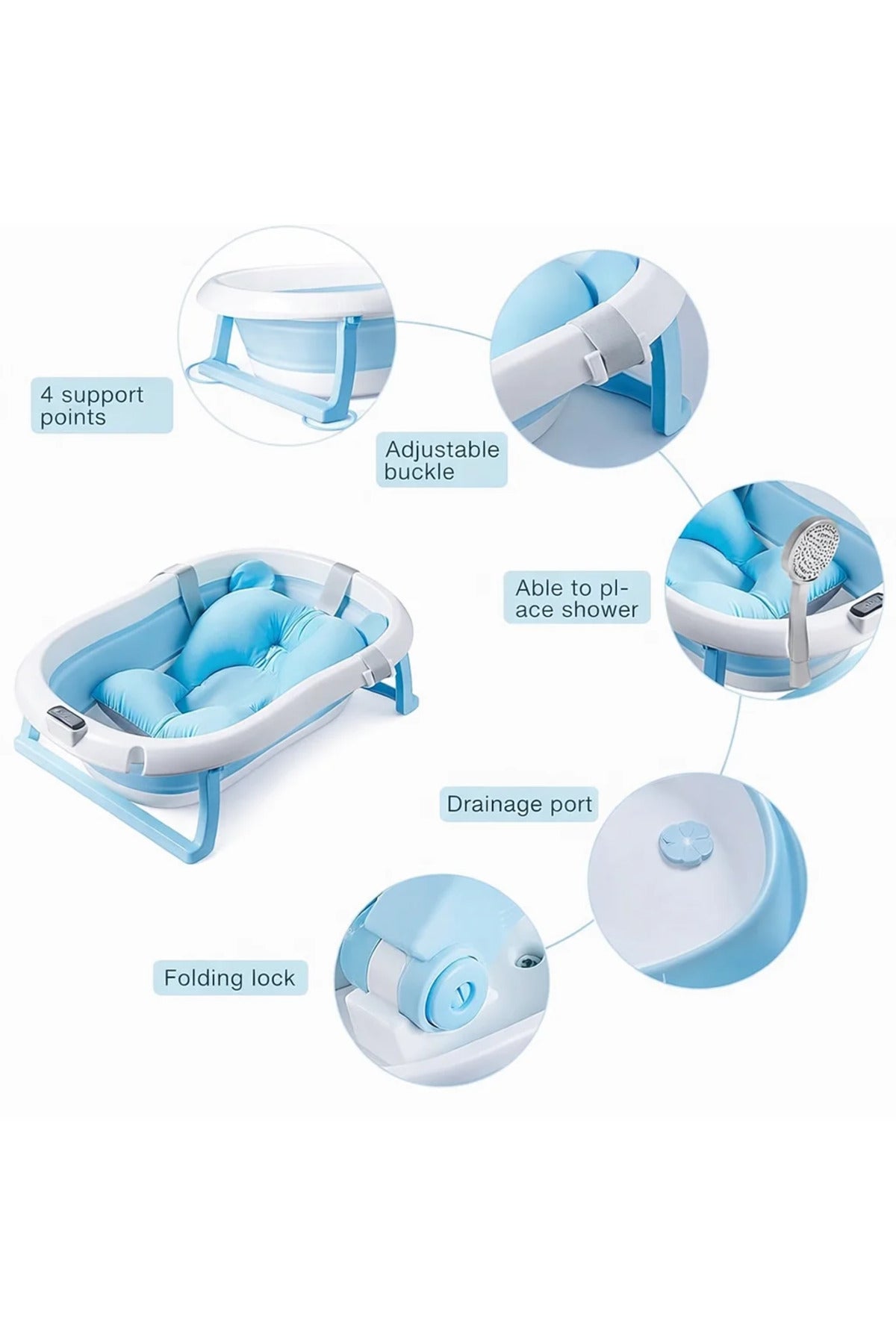 Foldable bathtub with built-in thermometer and cushion, Dimensions 83 x 50 x 20 cm, PP/TPE material