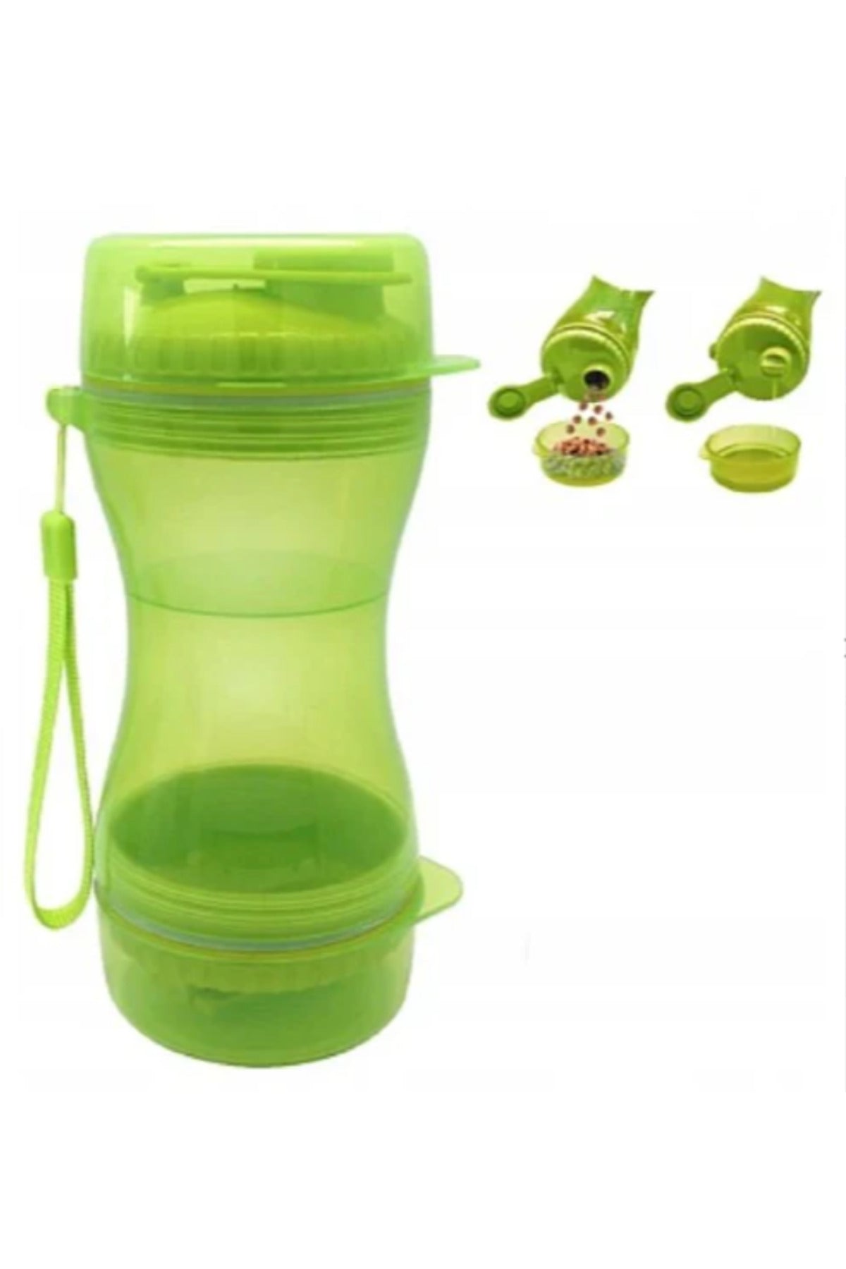 3 in 1 Dispenser for Dogs and Cats - Water and Food, Portable Green Bottle with 2 Bowls, Ideal for T