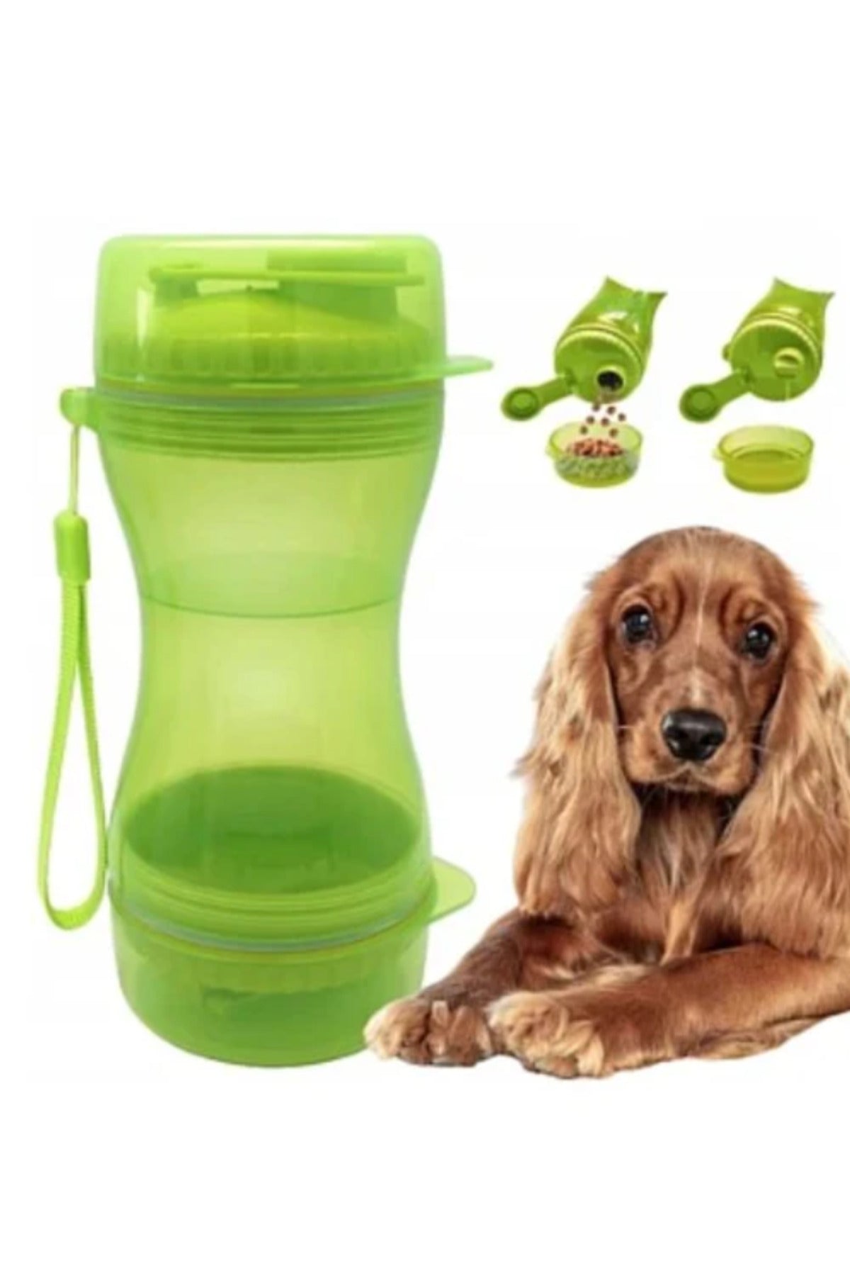 3 in 1 Dispenser for Dogs and Cats - Water and Food, Portable Green Bottle with 2 Bowls, Ideal for T
