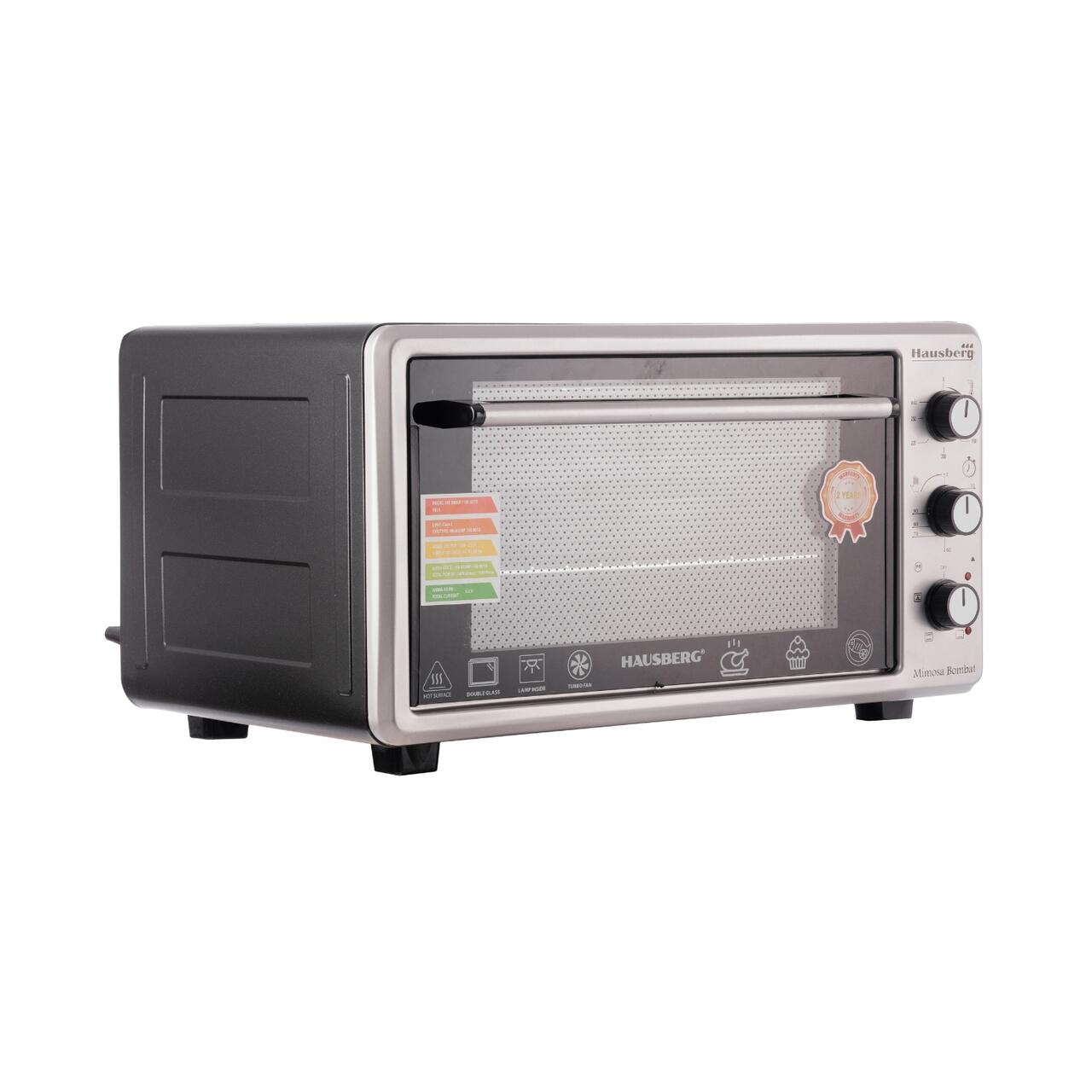 Cuptor Electric cu Ventilator HAUSBERG HB-8015, 1800 W, Geam dublu, 48L, Lumina interioara, Timer, 5 Programe gatire, Termostat reglabil 250 grade, Inox/Negru