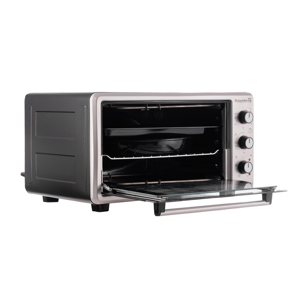 Cuptor Electric cu Ventilator HAUSBERG HB-8015, 1800 W, Geam dublu, 48L, Lumina interioara, Timer, 5 Programe gatire, Termostat reglabil 250 grade, Inox/Negru